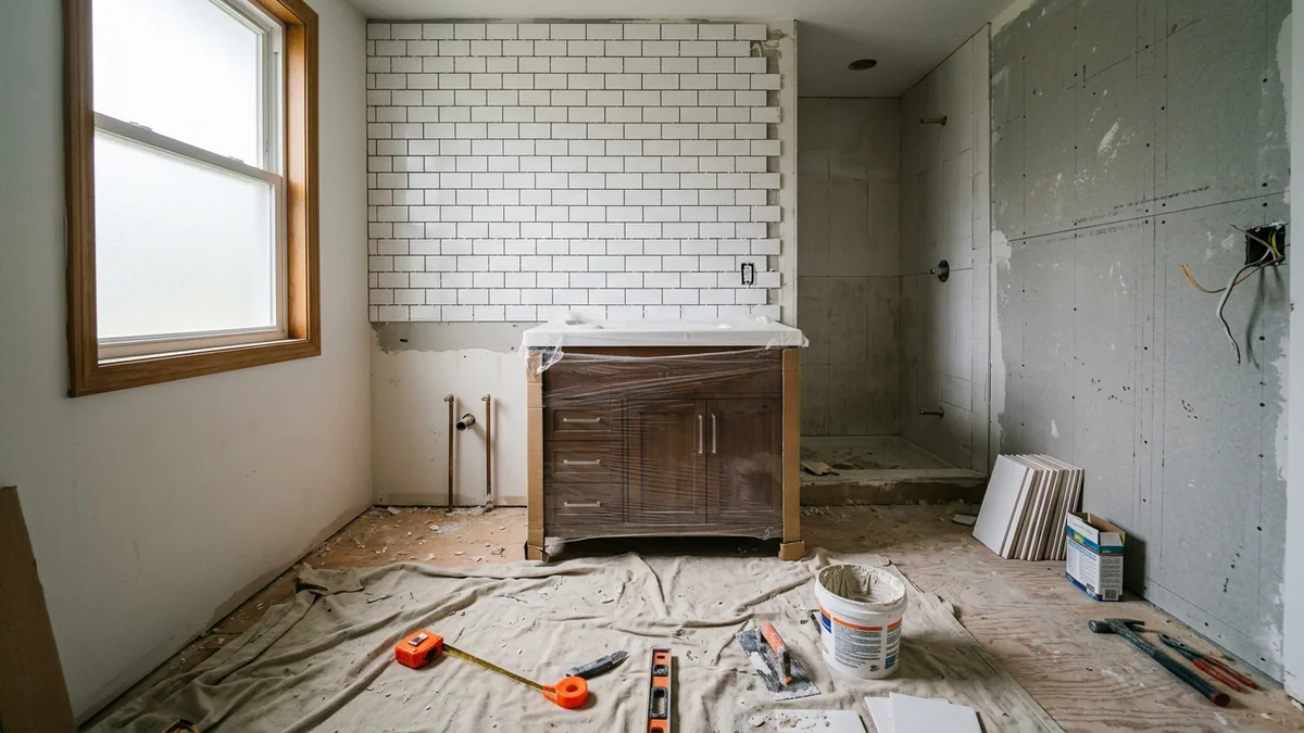 A bathroom in the middle of a remodel: white subway tile on one wall, bare cement board on another, a new vanity still wrapped in plastic and tools on the floor
