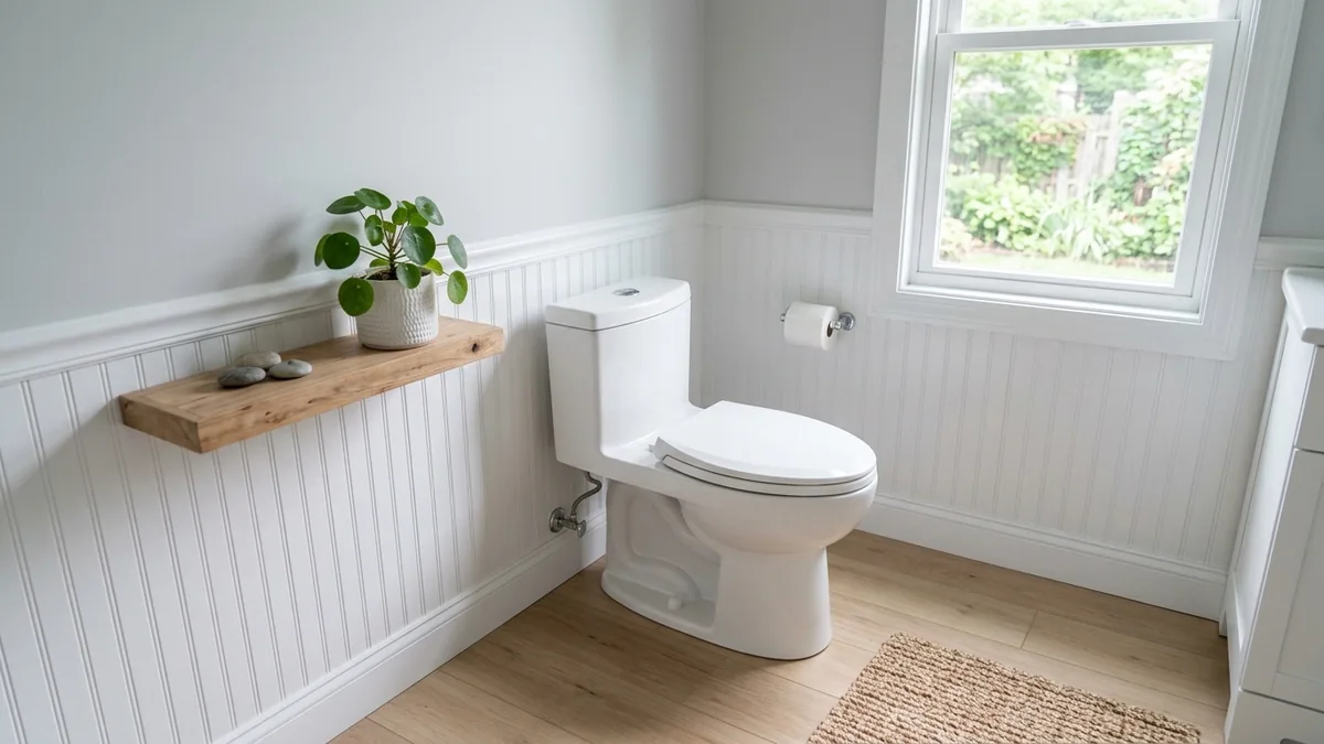 A white one-piece elongated toilet in a simple bathroom with white wainscoting, a light wood floor and a small plant on a shelf