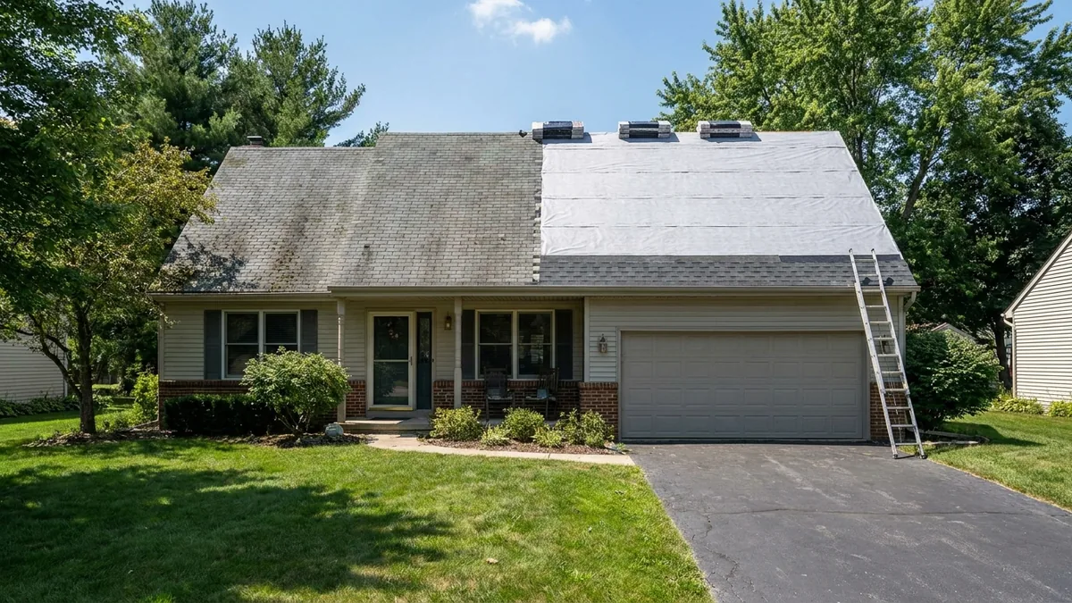 A suburban house during a roof replacement: old gray shingles on one half of the roof, bare gray underlayment and a row of new dark shingles on the other half, with a ladder against the gutter