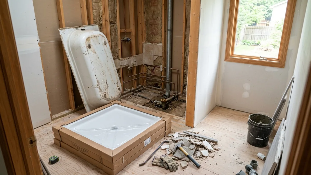A small bathroom mid-conversion: the old white bathtub pulled out and leaning against the wall, bare studs and exposed plumbing in the alcove, and a new shower base still in its box