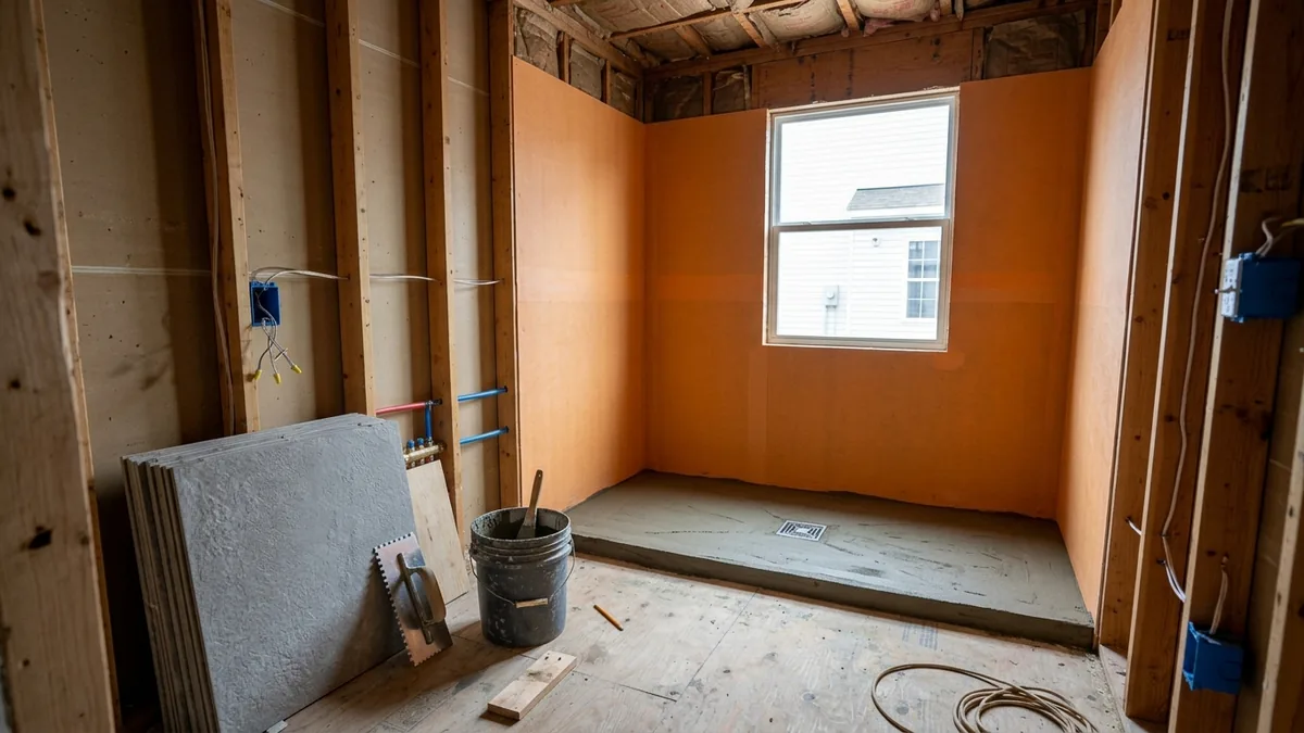 A walk-in shower being built: orange waterproofing membrane on the walls, a sloped mortar floor with a square drain, and a stack of gray porcelain tiles